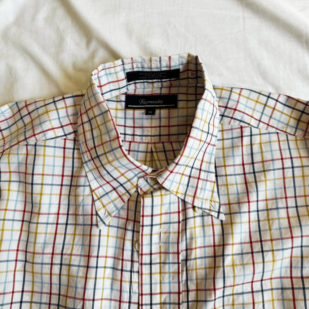 Faconnable Men's Red, Blue, and Yellow Plaid Shirt